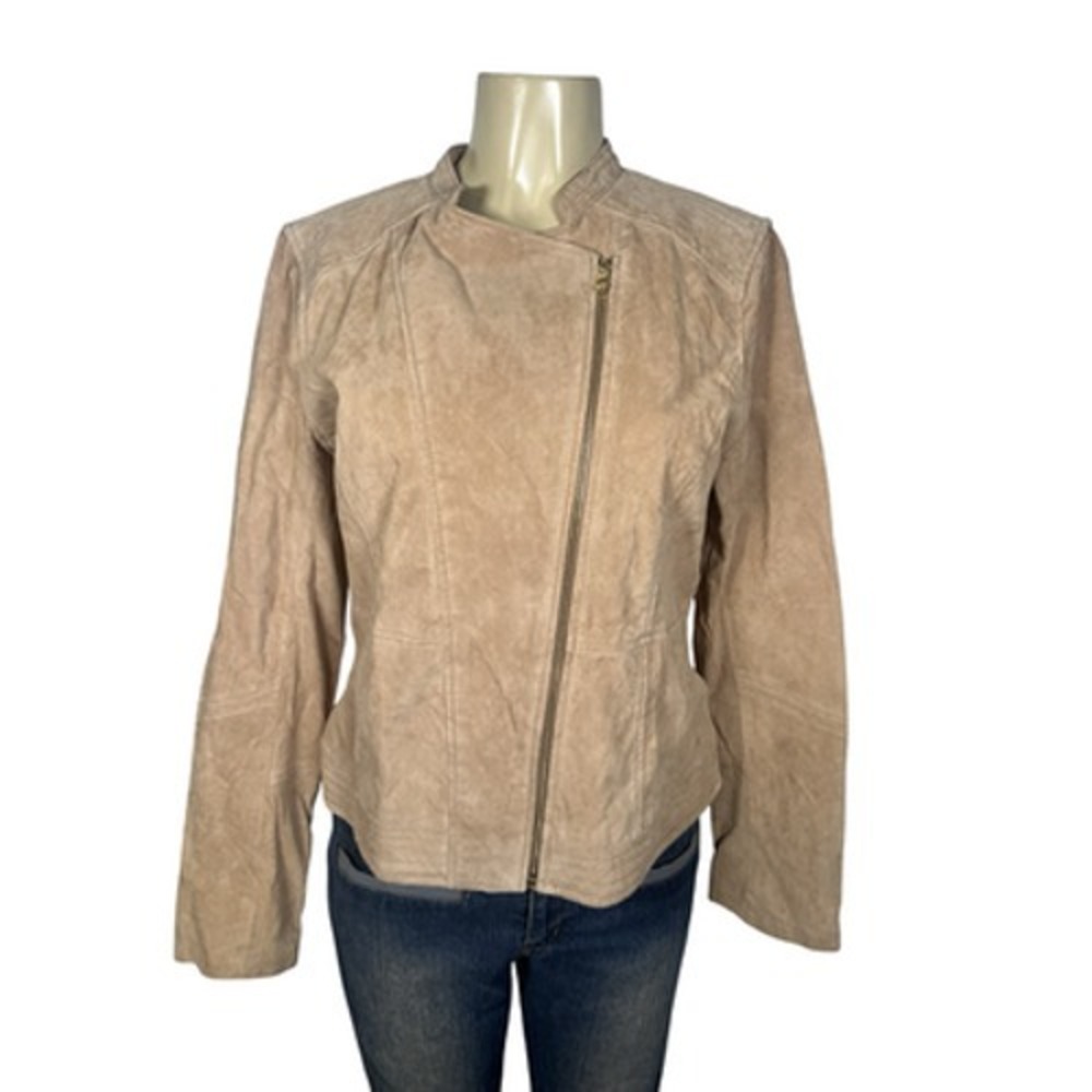 New York & Company Jacket Womens Large Beige Leather Moto Asym Zip Quilted Biker
